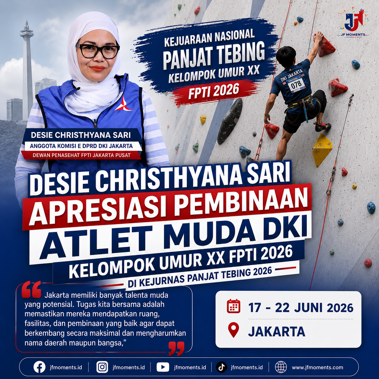 Desie Christhyana Sari Apresiasi Pembinaan Atlet Muda DKI di Kejuaraan Nasional Panjat Tebing Kelompok Umur XX FPTI 2026